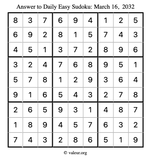 Answer to easy sudoku March 16, 2032
