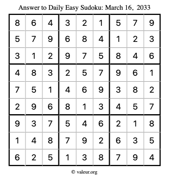 Answer to easy sudoku March 16, 2033