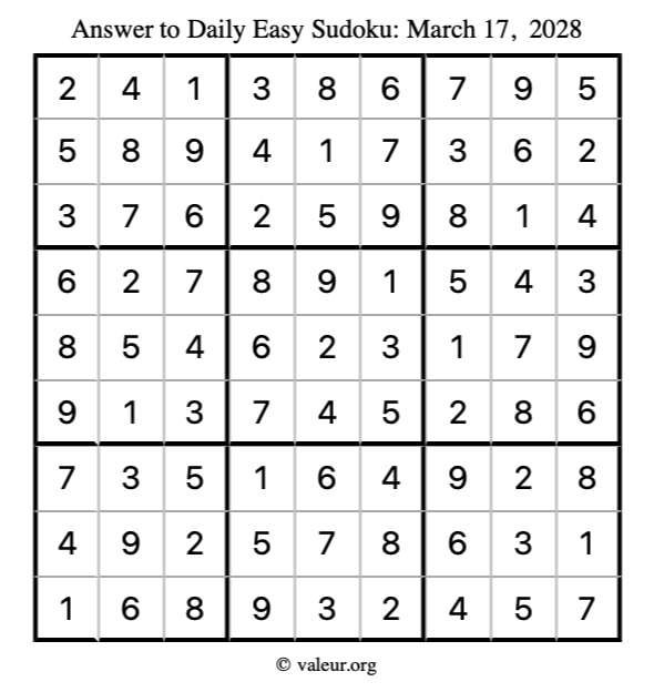 Answer to easy sudoku March 17, 2028