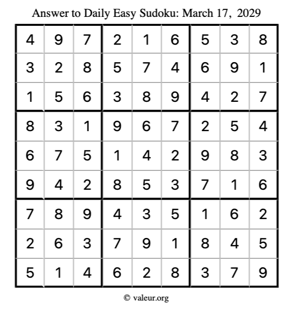 Answer to easy sudoku March 17, 2029