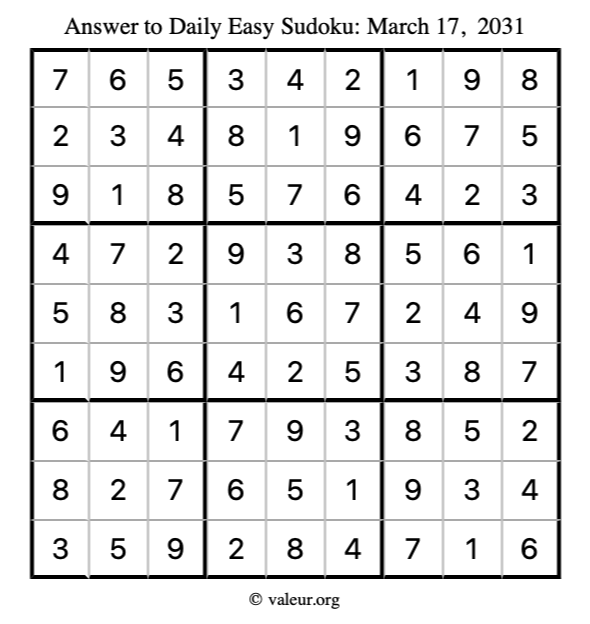 Answer to easy sudoku March 17, 2031