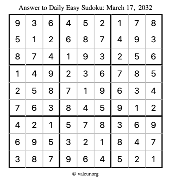 Answer to easy sudoku March 17, 2032