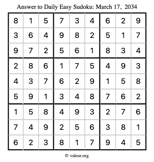 Answer to easy sudoku March 17, 2034