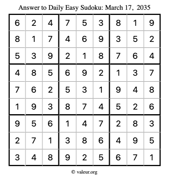 Answer to easy sudoku March 17, 2035