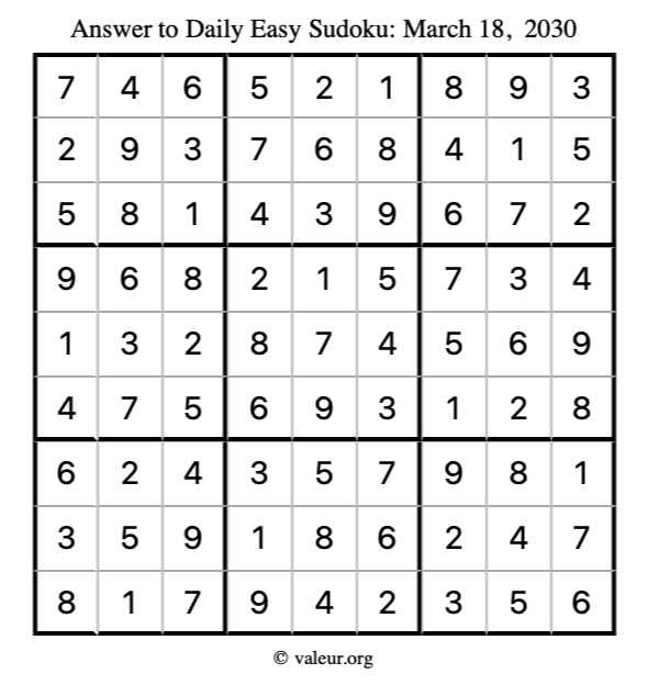 Answer to easy sudoku March 18, 2030