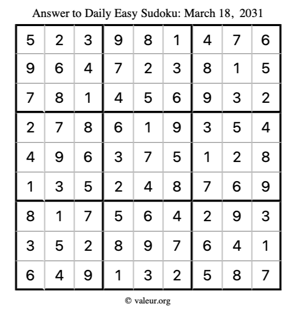 Answer to easy sudoku March 18, 2031