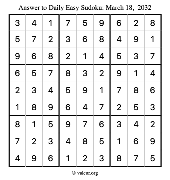 Answer to easy sudoku March 18, 2032