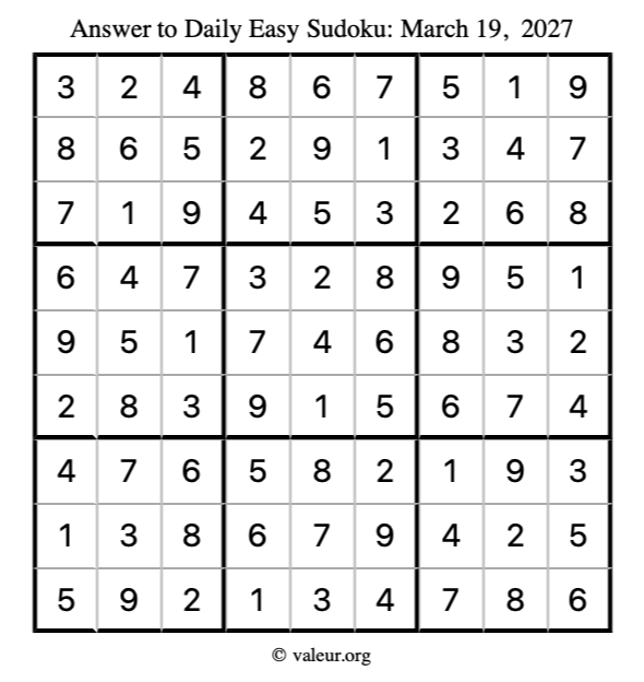 Answer to easy sudoku March 19, 2027