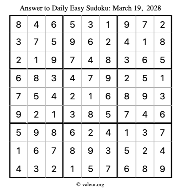 Answer to easy sudoku March 19, 2028