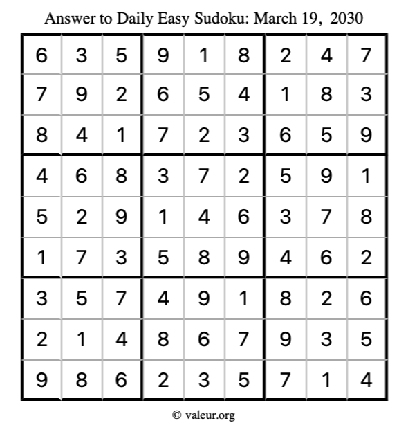 Answer to easy sudoku March 19, 2030