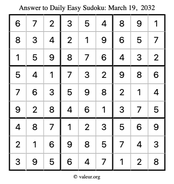 Answer to easy sudoku March 19, 2032