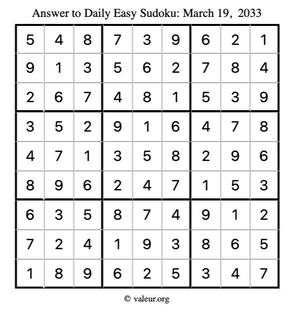 Answer to easy sudoku March 19, 2033
