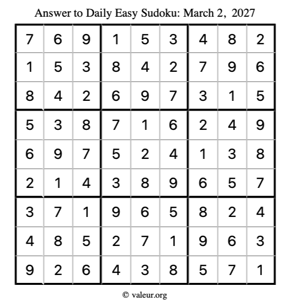 Answer to easy sudoku March 2, 2027