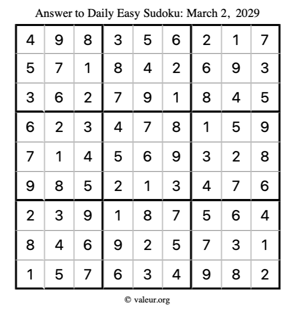 Answer to easy sudoku March 2, 2029