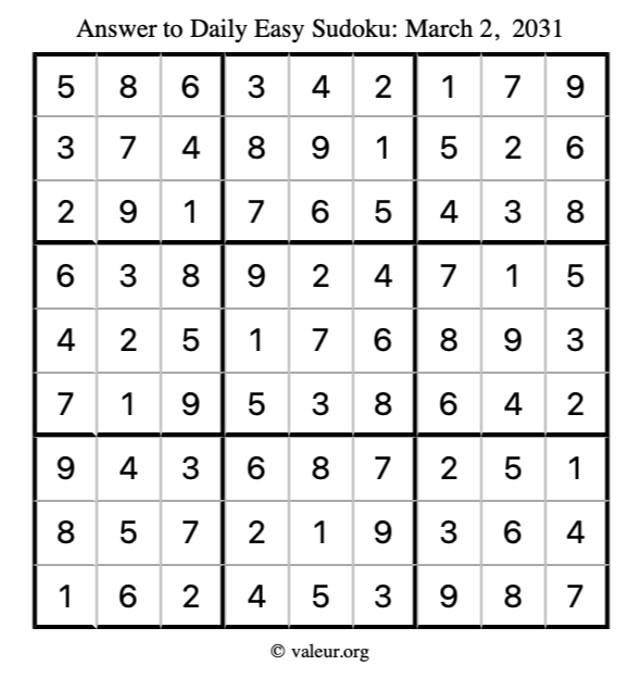 Answer to easy sudoku March 2, 2031