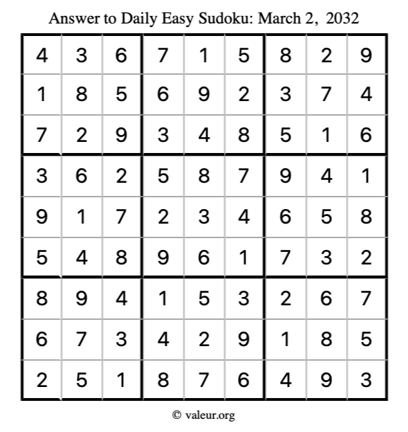 Answer to easy sudoku March 2, 2032