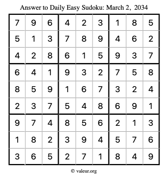 Answer to easy sudoku March 2, 2034