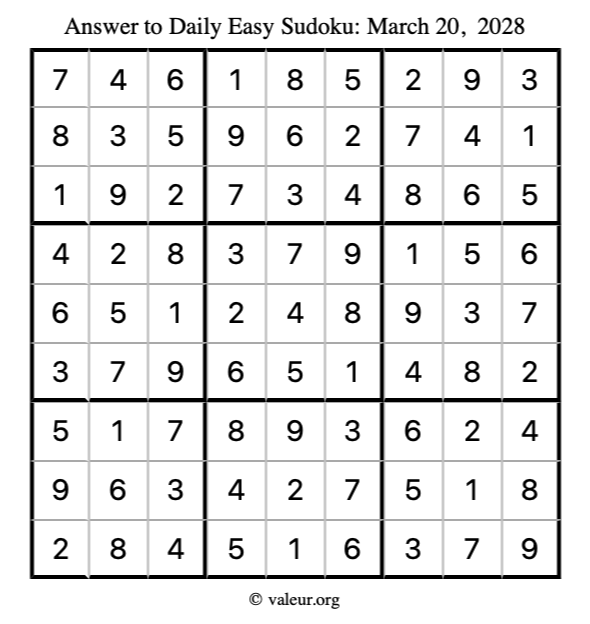 Answer to easy sudoku March 20, 2028