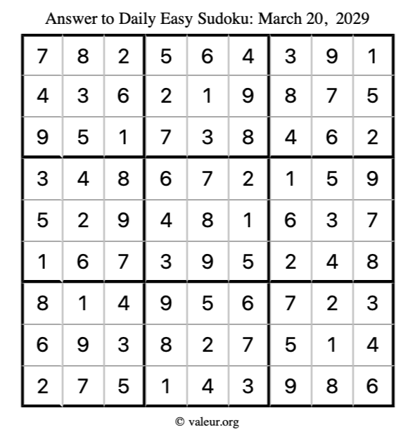 Answer to easy sudoku March 20, 2029