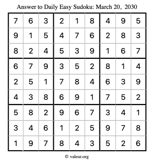 Answer to easy sudoku March 20, 2030