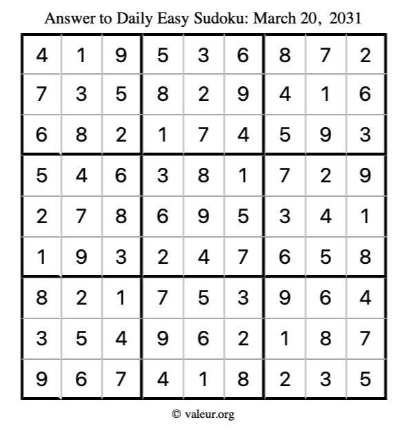 Answer to easy sudoku March 20, 2031