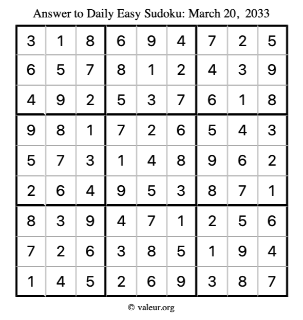 Answer to easy sudoku March 20, 2033