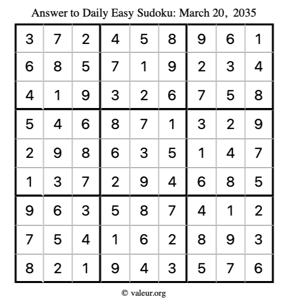 Answer to easy sudoku March 20, 2035