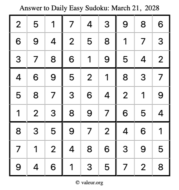 Answer to easy sudoku March 21, 2028