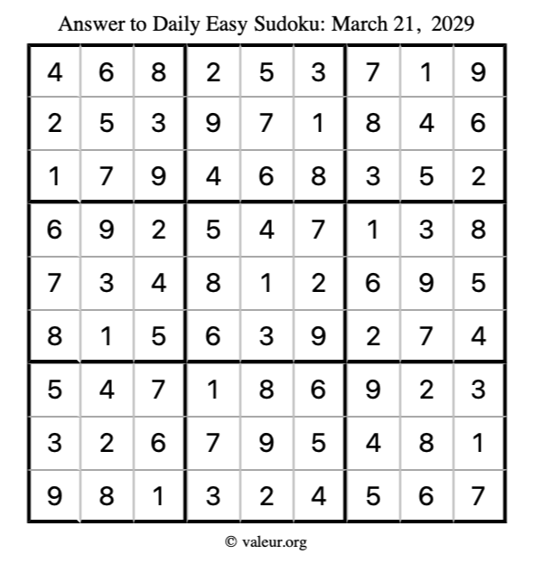 Answer to easy sudoku March 21, 2029