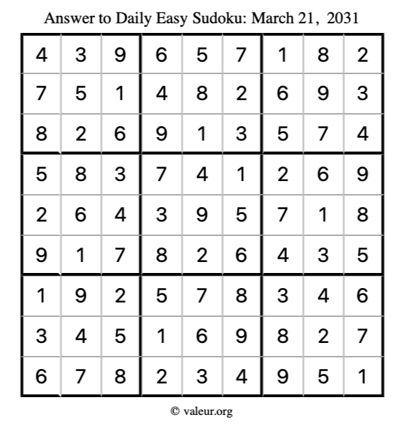 Answer to easy sudoku March 21, 2031