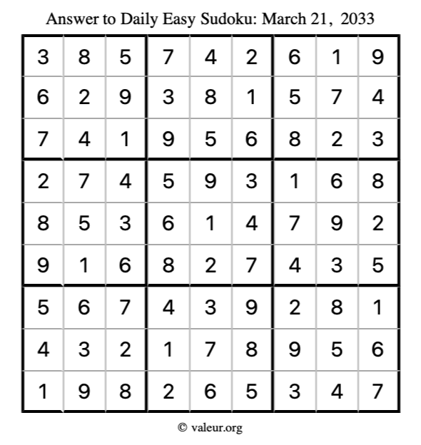 Answer to easy sudoku March 21, 2033
