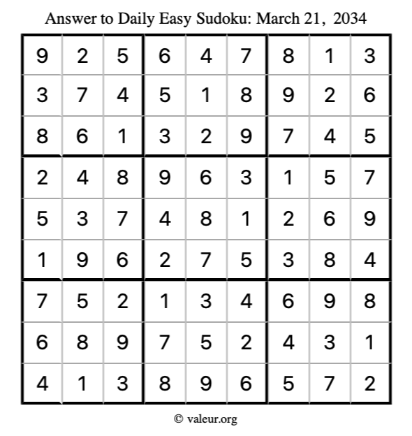 Answer to easy sudoku March 21, 2034