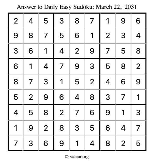 Answer to easy sudoku March 22, 2031