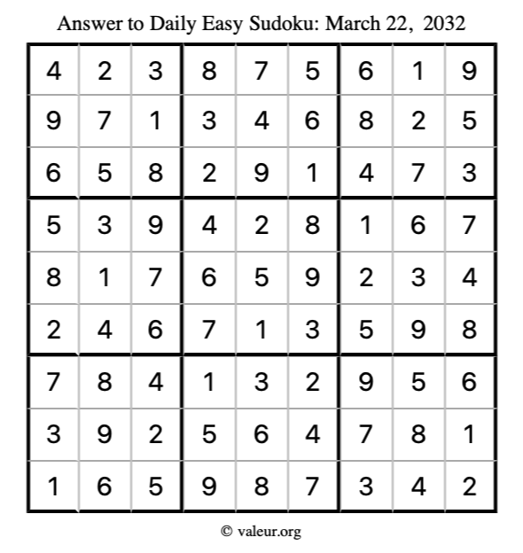Answer to easy sudoku March 22, 2032