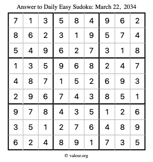 Answer to easy sudoku March 22, 2034