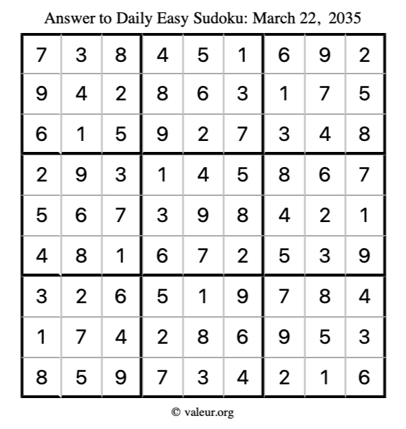 Answer to easy sudoku March 22, 2035