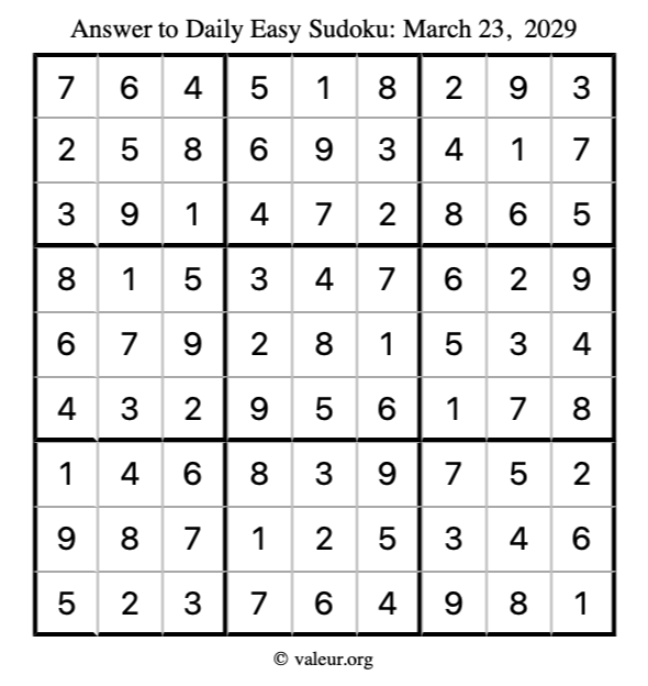 Answer to easy sudoku March 23, 2029