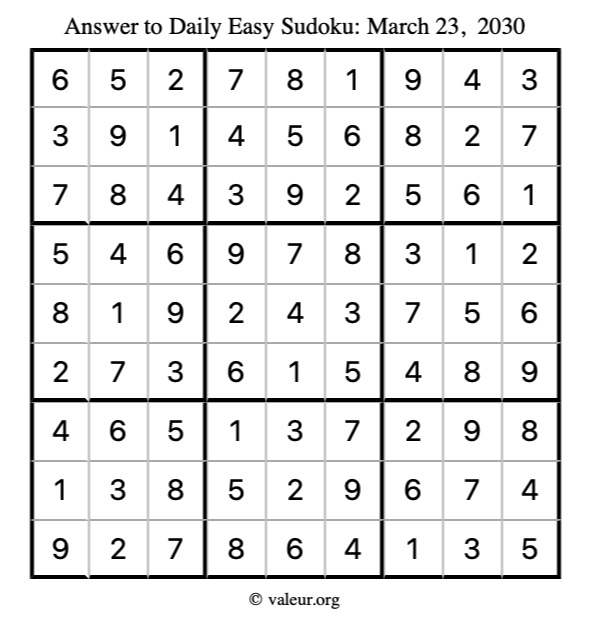 Answer to easy sudoku March 23, 2030