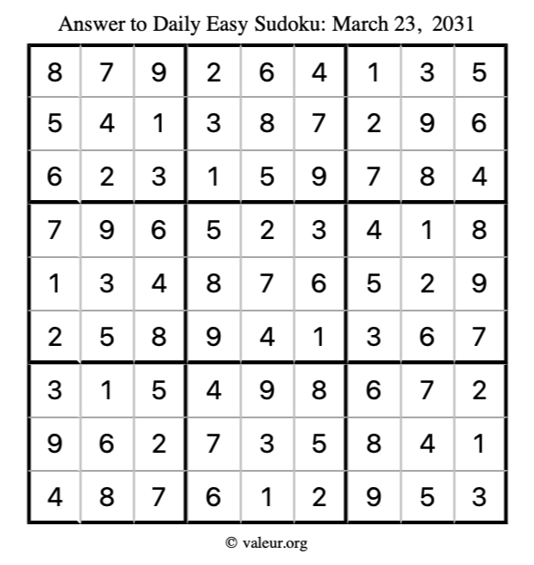 Answer to easy sudoku March 23, 2031
