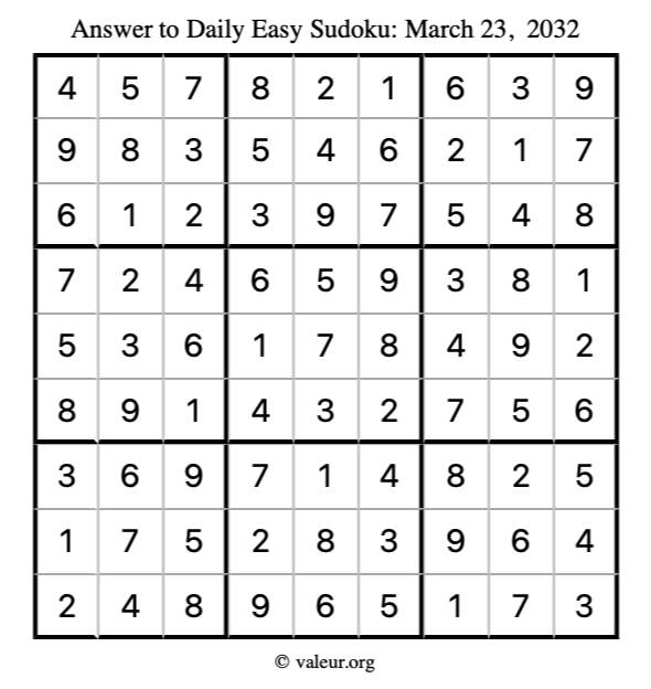 Answer to easy sudoku March 23, 2032