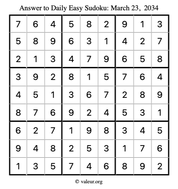 Answer to easy sudoku March 23, 2034