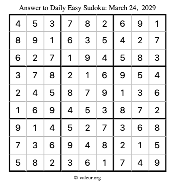 Answer to easy sudoku March 24, 2029