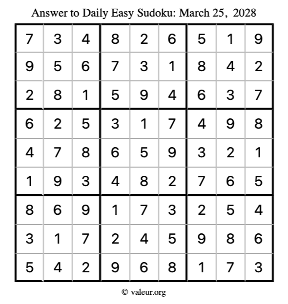 Answer to easy sudoku March 25, 2028