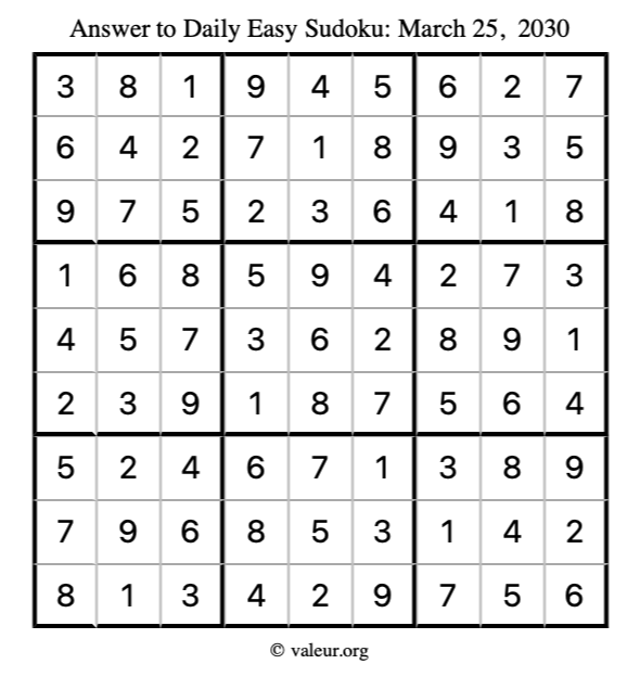 Answer to easy sudoku March 25, 2030