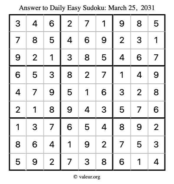 Answer to easy sudoku March 25, 2031