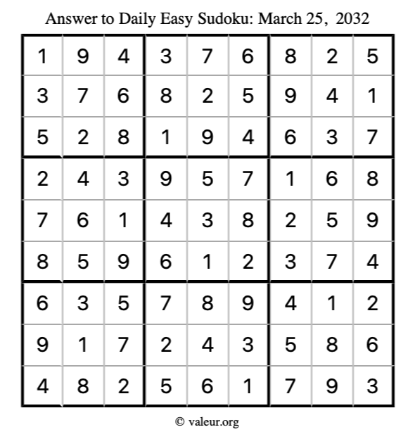 Answer to easy sudoku March 25, 2032