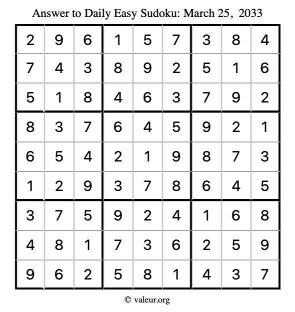 Answer to easy sudoku March 25, 2033