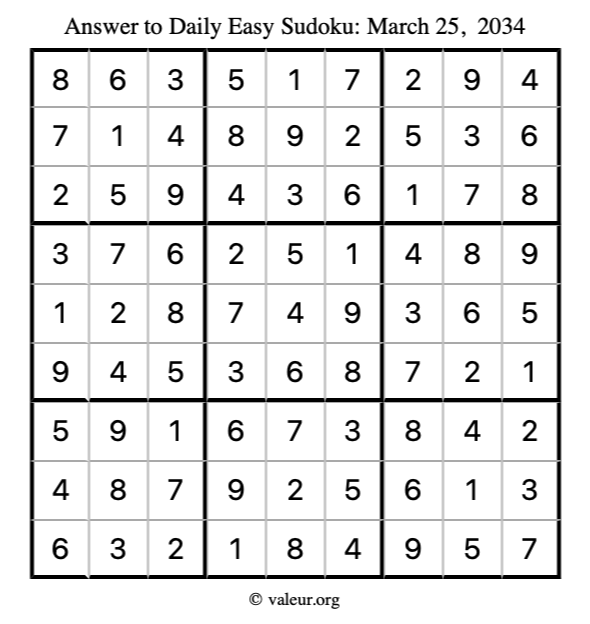 Answer to easy sudoku March 25, 2034