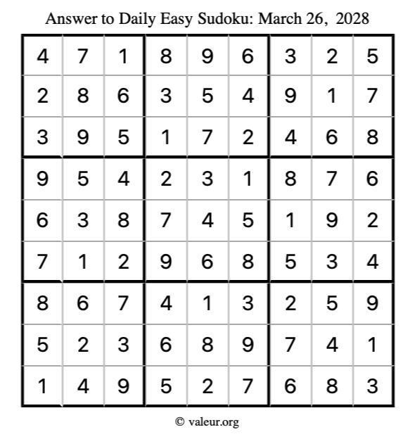 Answer to easy sudoku March 26, 2028
