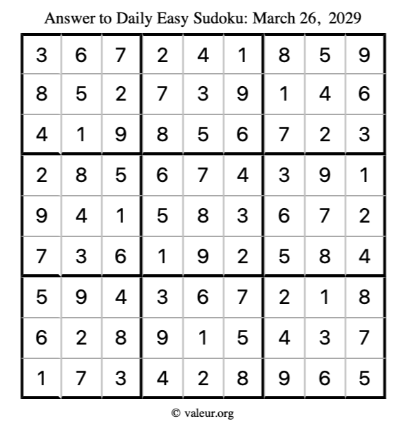 Answer to easy sudoku March 26, 2029